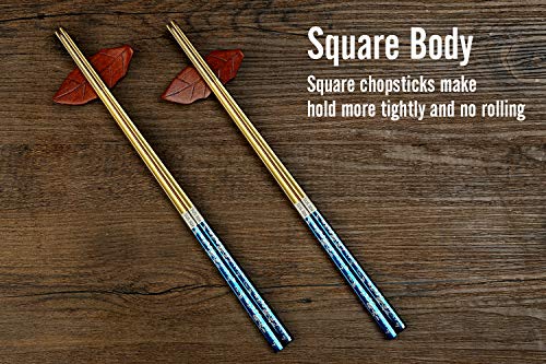 Metal Chopsticks Titanium Plated Stainless Steel Chopsticks Reusable Dishwasher safe Japanese Korean Chopstick lightweight Laser Engraved Anti (Blue gold)