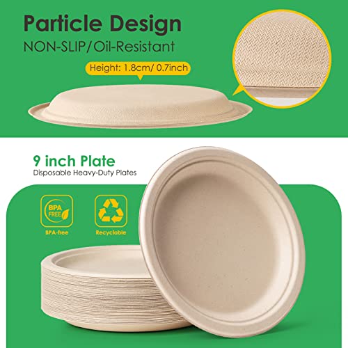 100% Compostable Plates 9 Inch 150 Pack Disposable Plates Heavy (Brown / 9in 150pcs)
