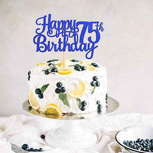 1 PCS Happy 75th Birthday Cake Topper Glitter Cheers to 75 Years Birthday Cake Pick Seventy Five 75 Fabulous Cake Decoration for Happy 75th Birthday Theme Party Decorations Supplies Blue (Blue / 75th)