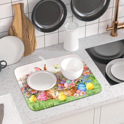 Spring Easter Dish Drying Mat for Kitchen Counter Colorful Egg Holiday Decoration Cloth Dish Mats Small (Colorful Easter Bunny / 18" x 16")