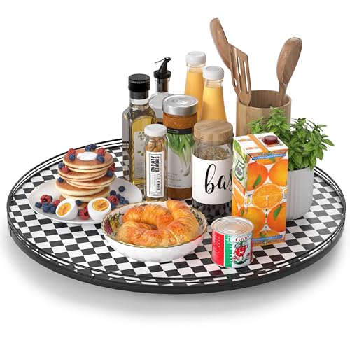 24 Inch Black and White Checkerboard Lazy Susan Decorative Tray (Black & White / 24 inches)