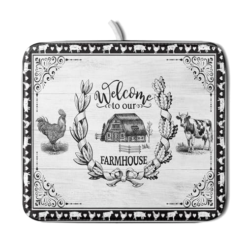 Farm Animal Dish Drying Mat 16x18 Inch Welcome to Our Farmhouse Microfiber Dish Drainer Pads Absorbent Fast Dry Kitchen Accessories (farm animal / 16" x 18")