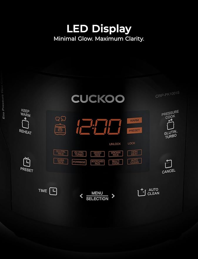 CUCKOO High Pressure Rice Cooker 10-Cup Uncooked / 20-Cup Cooked with Nonstick Inner Pot, Large Rice Maker with 13 Menu Options and Steam Plate, Fuzzy Logic Tech, Auto Clean, Black (CRP-PK1001S)