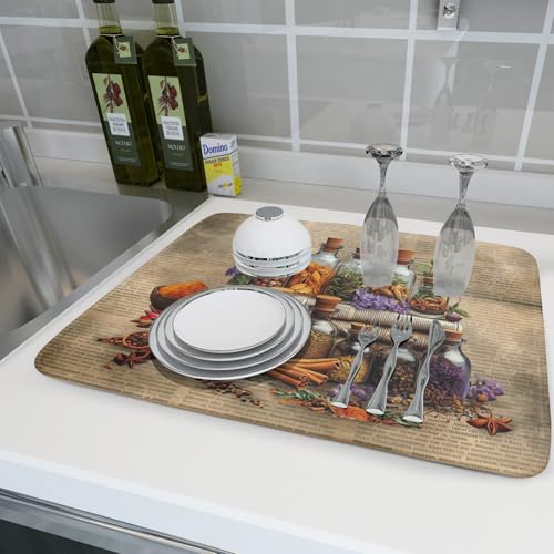 Herbs Kitchen Dish Drying Mat (Natural Materials Brown / 24" x 18")