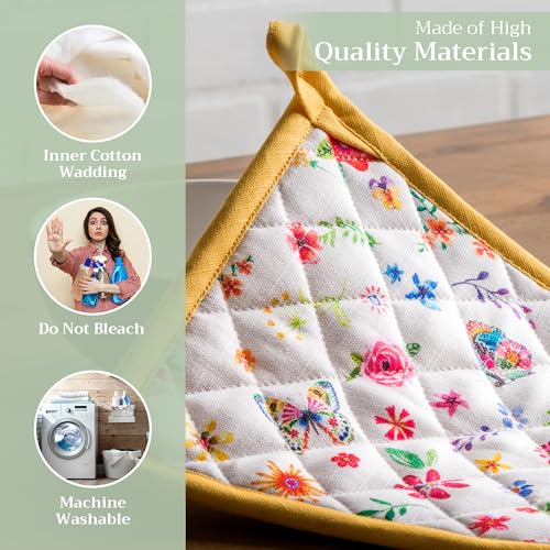 Pot Holders 100% Cotton Potholders (034 - Happy Florals - Sweety / 8" x 8" (Pot Holder Pack of 2))