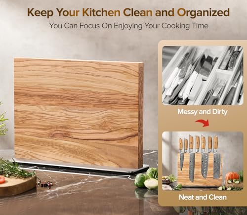 Double Sided Magnetic Knife Holder Rack For Kitchen Counter (Olive Wood Knife Holder)