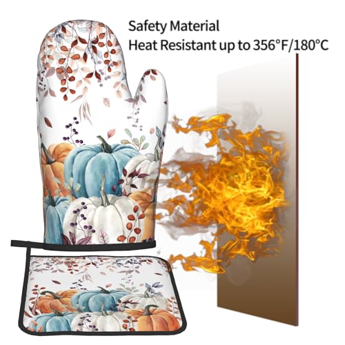 Fall Orange Pumpkin Oven Mitt Potholders Sets Eucalyptus Leaves Heat Resistant Oven Glove Set of 2 Kitchen Hot Pads for Cooking Baking BBQ (Fall Orange Pumpkin)