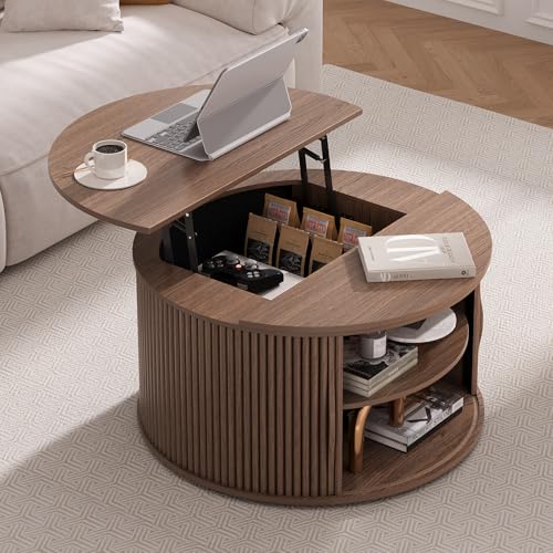 Round Lift Top Coffee Table with Storage (Rustic Walnut)