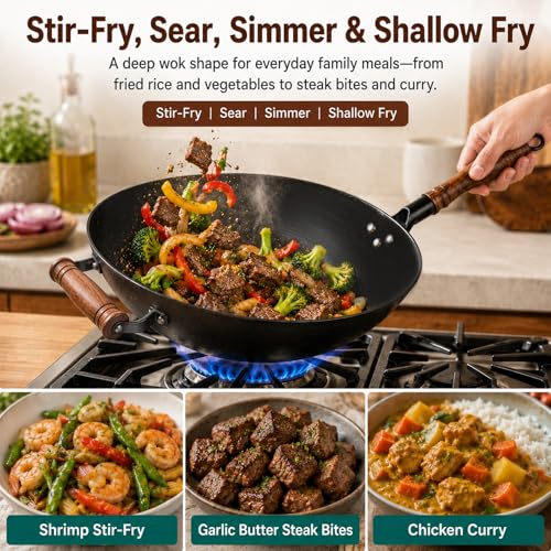 14.2 Inch Cast Iron Wok with Wooden Lid & Handle (14.2 Inch)