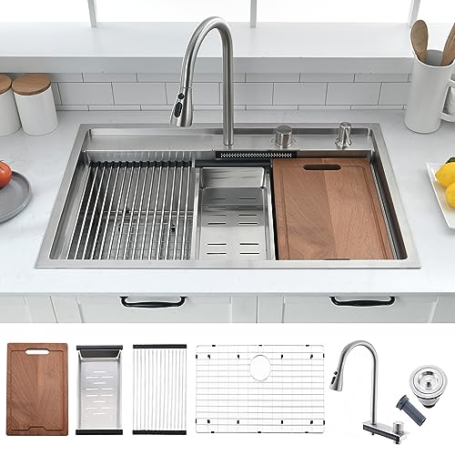 33 Inch Drop In Kitchen Sink with Faucet Combo (33"L x 22"W x 10"D / Stainless Steel （Waterfall）)