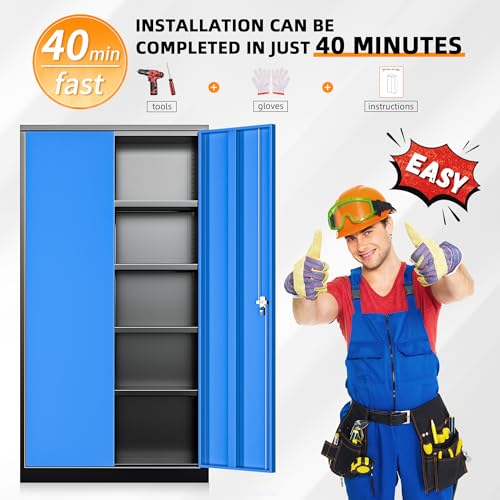 Metal Storage Cabinets 72” Black Blue Garage Steel Storage Cabinet with Doors and Shelves (Black Blue / 72")