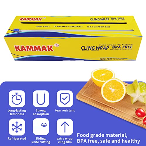 Plastic Wrap Food Cling Wrap with Slide Cutter 15 inch Restaurant Cling Film 2000 Ft Bulk Roll Refillable Food Service Cling Wrap Dispenser Quick Cut Anti