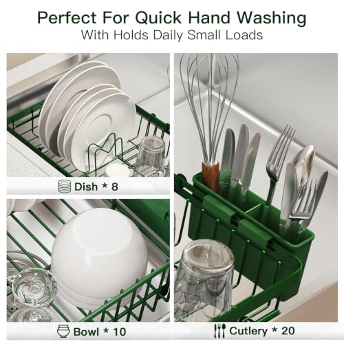 Green Expandable Dish Drying Rack Over Sink with Extra Drying Mat (Green / For 13"-30" W Sink with Mat)