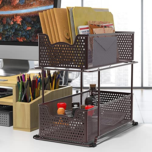 2 Tier Sliding Cabinet Basket Organizer Drawer (Bronze / 1-Pack)