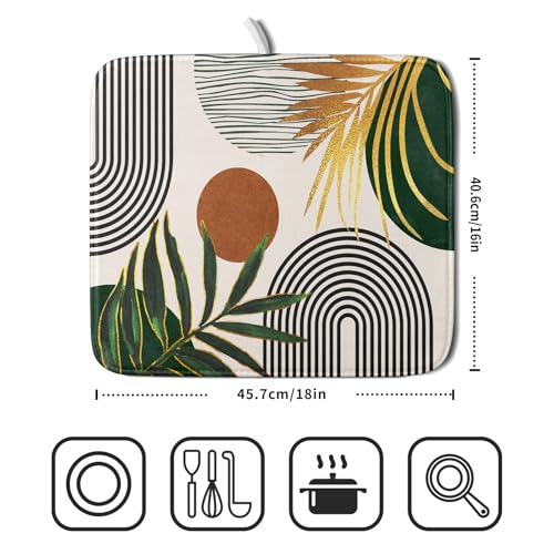 Boho Leaves Dish Drying Mat 16x18 inch Mid Century Absorbent Drainer Rack Mats Fast Dry Bottles Dish Dry Pad Protector Kitchen Accessories (Boho Leaves / 16" x 18")