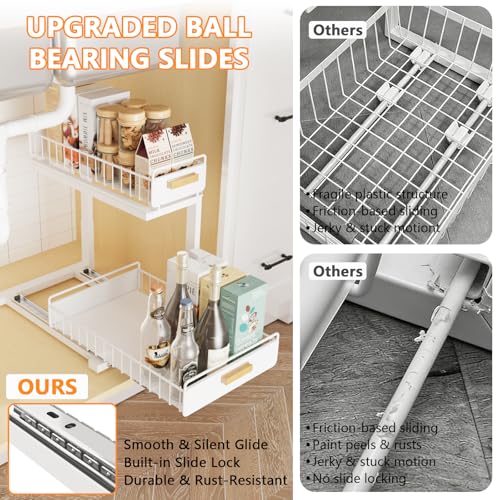 2 Pack Under Sink Organizer with Ball Bearing Sliding Drawer (2 Pack Double Layer / White)