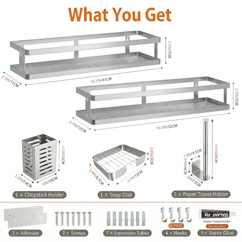 5-in-1 16.5" Extra Long Kitchen Organizer & Shower Caddy Set, Wall Mount Spice Rack with Paper Towel Holder, Utensil Holder & Soap Dish, Rustproof Mesh - Silver Gray, Guardrail (Silver Grey / 5-in-1 Minimalist (16.5" Extra Long))