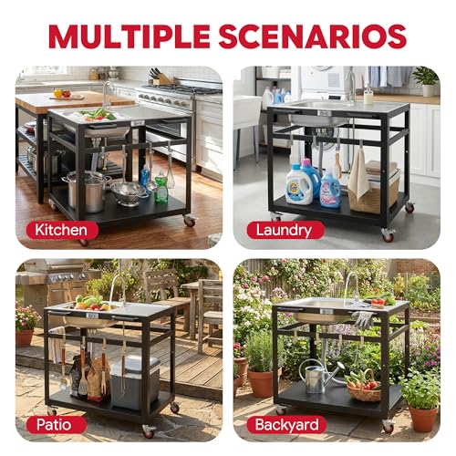 35" Movable Outdoor Grill Cart with Stainless Steel Sink & Faucet (Sliver)
