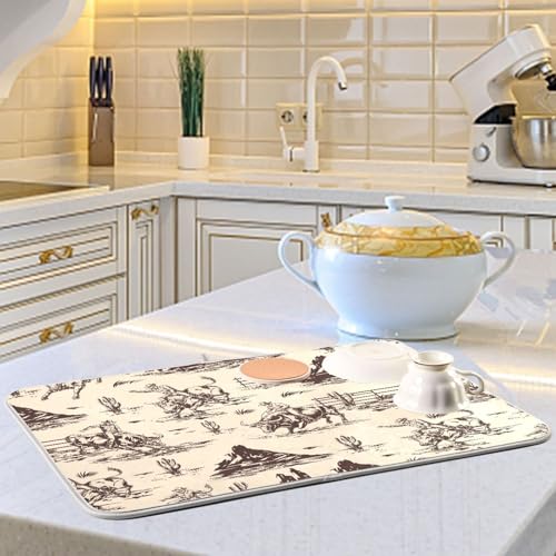 West Cactus Cowboy Dish Drying Mat for Kitchen Counter Absorbent Microfiber Drying Pad (16" x 18")