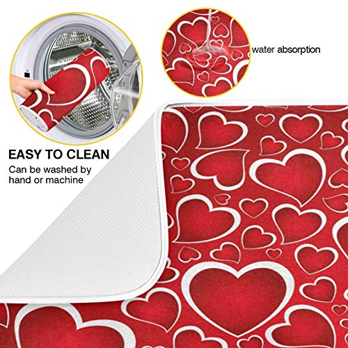 Valentines Day Red Hearts Dish Drying Mat for Kitchen Counter Absorbent Microfiber Large Drying Pad Dish mats for Kitchen Countertops 18 x 24 Inch (Red Hearts / 18" x 24")