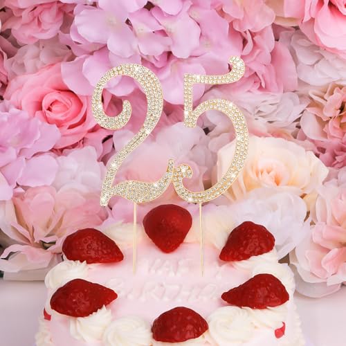 Gold 25th Birthday Cake Topper Rhinestones Cake Decorations for 25th Birthday Party (25th- Gold)