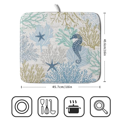Blue Coral Dish Drying Mat Coastal Starfish Dishes Pad Hanging Drainer Mats Reversible Absorbent Kitchen Counter Protector 16x18 Inch (starfish coral / 16" x 18")