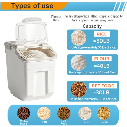50 lb Large Food Grade Container for Rice Flour Sugar (Grey / 50lbs, 4-pack)