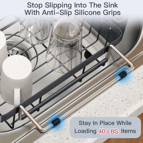 Grey Expandable Dish Drying Rack Over The Sink with Anti Slip Grip (Gray / For 13-30" W Sink)
