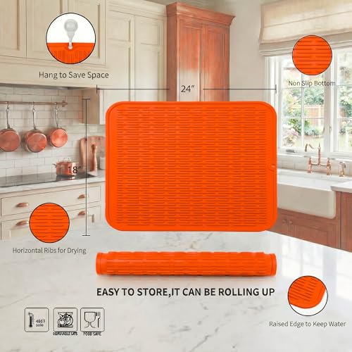 Silicone Dish Drying Mat for Multiple Usage (Orange / 24"L x 18"W)