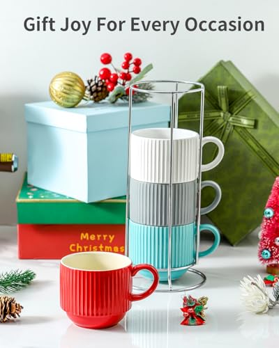 Ceramic Coffee Mug Set of 4 with Rack (Mix-Color3 / 15 Ounces)