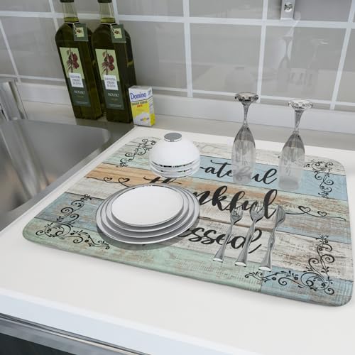 Rustic Wood Dish Drying Mat 18x24 Inch Grateful Thankful Blessed Kitchen Drainer Mats Absorbent Microfiber Rack Holder Countertop Pad (grateful thankful / 18" x 24")