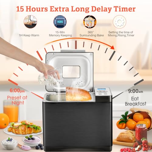19-in-1 Programmable Bread Maker,2LB Large Bread Machine Stainless Steel with Sourdough,Gluten-Free,Nonstick Ceramic Pan,650W Bread Maker Machine with 15H Timer&1H Keep Warm,3 Crust Colors,Recipes (2LB Large Size)