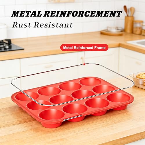 2Pack Silicone Muffin Pans with Metal Reinforced Frame (2Pack Red)