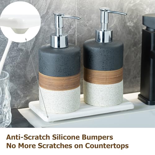 Ceramic Dish Soap Dispensers Set of 2 for Kitchen and Bathroom (Black and White / 2xSoap Dispenser Set with Tray)