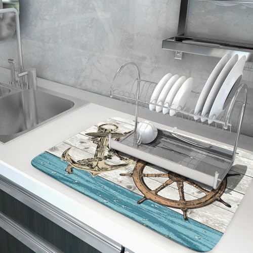 Nautical Anchor Dish Drying Mat 18x24 inch Coastal Boat Fast Dry Microfiber Reversible Dish Drainer Pad Kitchen Countertop Tabletop Decor (Marine Anchor / 18" x 24")