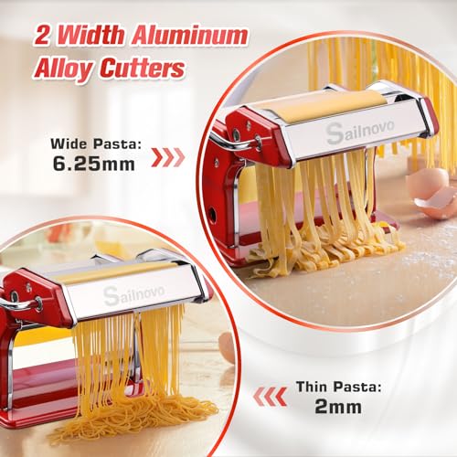 3-in-1 Pasta Maker with 9-Setting Pasta Roller & Cutters, Red (Red)