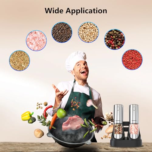 Salt & Pepper Grinder Set with Rechargeable Base (Silver Upgrade)