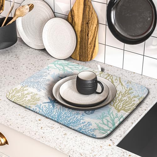 Blue Coral Dish Drying Mat Coastal Starfish Dishes Pad Hanging Drainer Mats Reversible Absorbent Kitchen Counter Protector 16x18 Inch (starfish coral / 16" x 18")