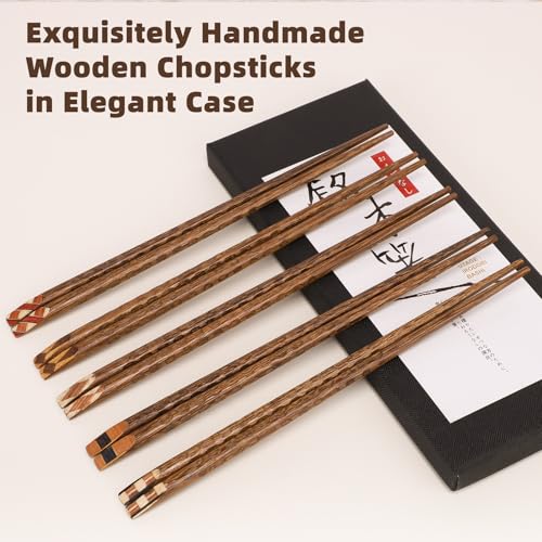 5 Pairs Wooden Chopsticks Reusable Classic Japanese Style Chop Sticks Dishwasher Safe Hand (Natural Wood - Geometric Patterns)