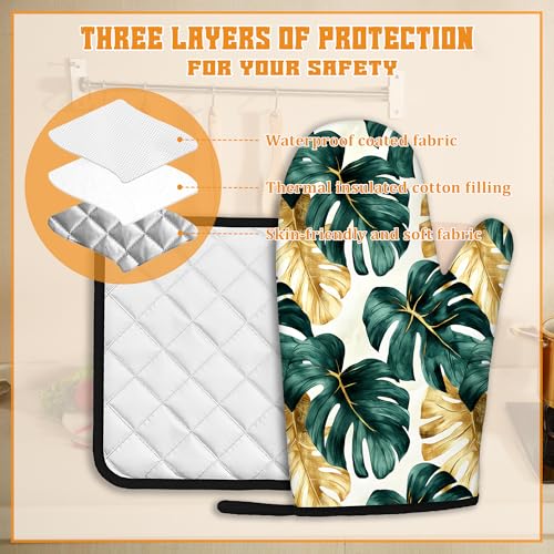 Palm Leaf Golden Tropical Oven Mitts and Pot Holders Set (4 Count)