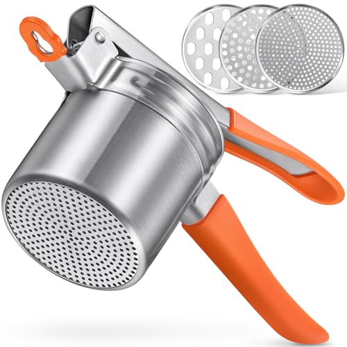 Potato Ricer Sopito Upgraded Stainless Steel Potato Masher with 3 Interchangeable Discs (3 discs-orange)