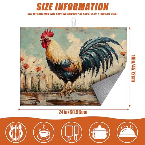 Vintage Rooster Dish Drying Mat for Kitchen Counter Microfiber Absorbent Dish Kitchen Drying Mat Draining Reusable Washable for Dishes