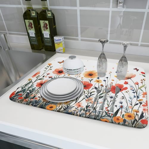 Poppy Flower Dish Drying Mat 18x24 Inch Floral Leaves Dish Drainer Protector Pad Washable Reversible Drying Pad for Kitchen Counter Sink (Poppy Flower / 18 x 24 inch)