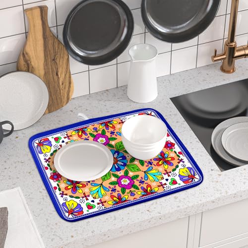 Mexican Talavera Dish Drying Mat Navy Blue Microfiber Dish Drain Pad for Kitchen Decor (Mexican Talavera Blue / 18" x 16")