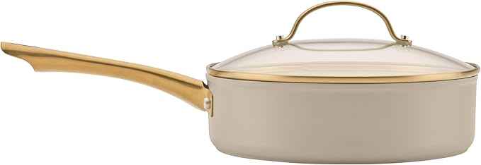 Farberware Forged Induction Ceramic Nonstick Pots and Pans Set with Cooking Tools, Dishwasher Safe, Gold Color Stainless Steel Handles, 12 Piece Cookware Set - Taupe