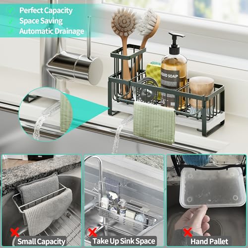 Sponge Holder for Kitchen Sink (Green / with Dishcloth Holder)