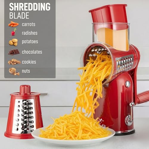 Rotary Cheese Grater Manual Hand Crank 5 Blade Shredder (5 Blades / Classic | Red)
