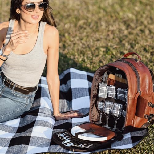 Genuine Leather Picnic Backpack for 4 (Brown)