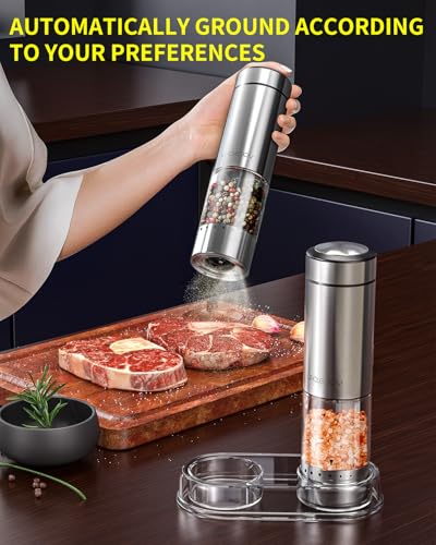 Battery Operated Electric Salt and Pepper Grinder Set with Base (Battery Operated Set with Base - Silver - Plus)