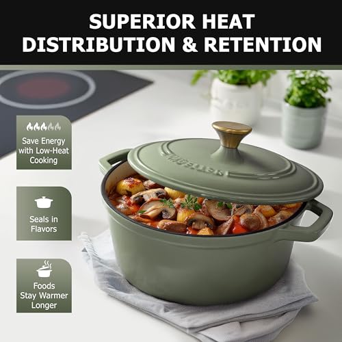 MUELLER HOME 6 Quart Enameled Cast Iron Dutch Oven (6 Quart -Round / Thyme Green)